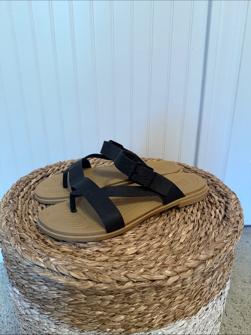 Women’s Crocs Black Strap Sandals with Tan Footbed